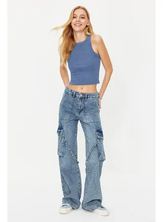 Blue Cargo Pocket High Waist Wide Leg Jeans TWOSS24JE00101 