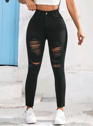 Solid Ripped Skinny Jeans 