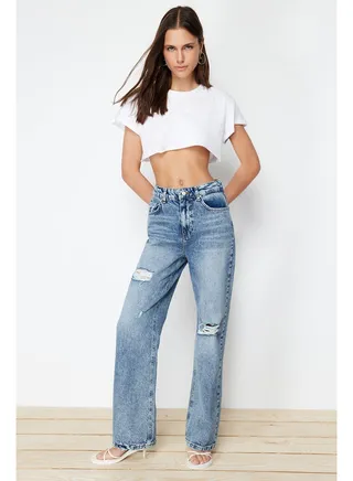Blue Ripped High Waist Wide Leg Jeans TWOSS24JE00073 