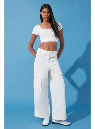 White Zipper Detailed High Waist Wide Leg Jeans TWOSS24JE00094 