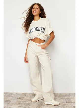 Ecru Loose Cut High Waist Carpenter Jeans 
