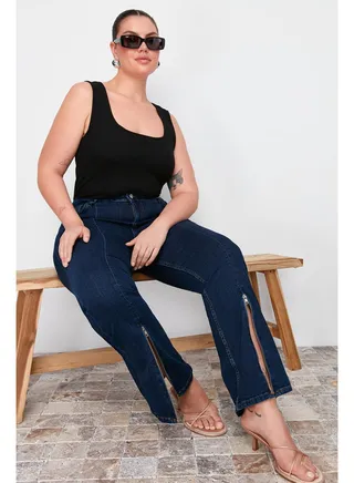 Blue High Waist Leg Zip Flare Jeans TBBAW23CJ00041 