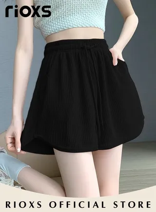 Women's Summer Casual Loose Shorts Solid Color High Waisted Wide Leg Shorts Striped Casual Slim Shorts 