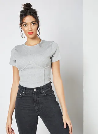 Ribbed Seam Detail T-Shirt Grey 