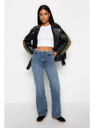 Blue High Waist Wide Leg Jeans with Detachment Belt TWOAW24JE00105 