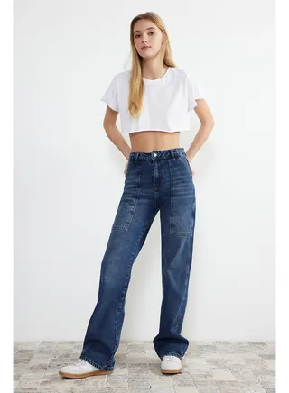 Blue Pocket Detailed High Waist Wide Leg Jeans TWOSS24JE00107 