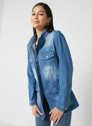 Ruched Waist Denim Shirt