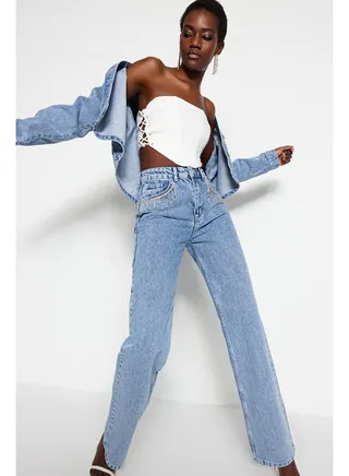 Blue High Waist Wide Leg Jeans with Accessory Detail TWOSS23JE00204. 