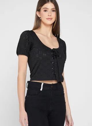 Broderie T-shirt With Tie Up Detail 