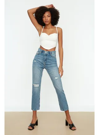 Blue Ripped Detailed High Waist Straight Jeans TWOSS22JE0431 
