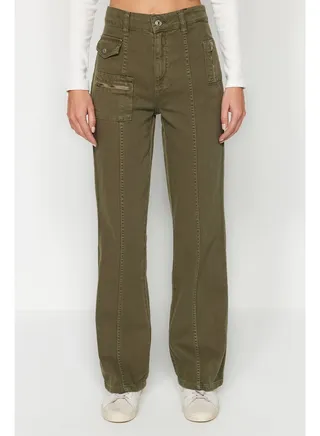 Khaki Pocket Detailed Zipper High Waist Wide Leg Jeans TWOAW24JE00263 