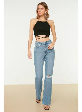 Blue Ripped Detail High Waist Flare Jeans TWOSS22JE0440 
