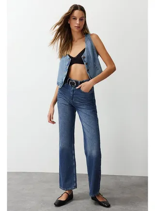 Blue High Waist Wide Leg Jeans TWOAW24JE00073 