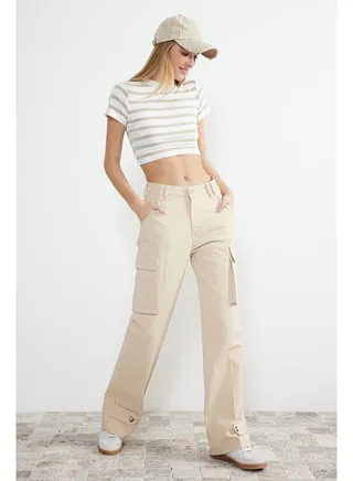 Beige Cargo Pocket High Waist Wide Leg Jeans TWOSS24JE00120 