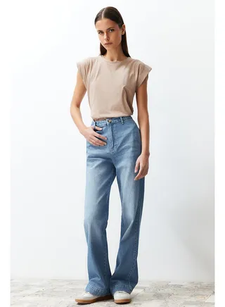 Blue Pocket Detailed High Waist Wide Leg Jeans 