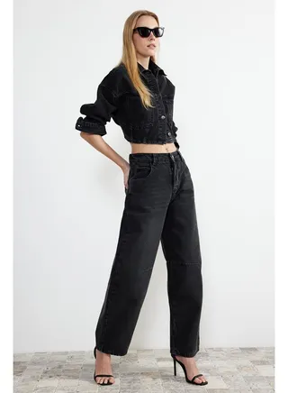Black Stitching Detailed High Waist Barrel Jeans TWOSS24JE00013 