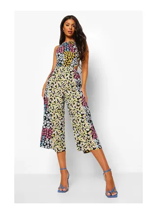 Floral Tie Neck Cut Out Cropped Jumpsuit 
