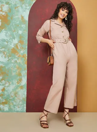 Straight Leg Casual Utility Jumpsuit with Belt 