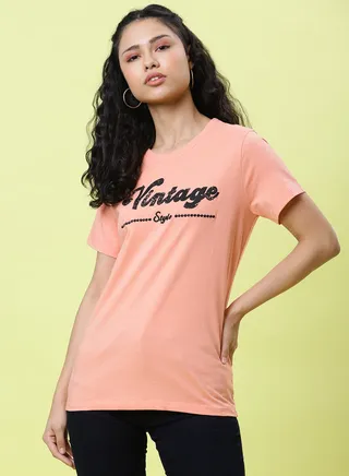 Graphic Printed Round Neck T-Shirt Coral Haze 