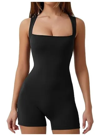 Women's One-piece Summer Clothes Lace-up Square Neck Vest Belly Controlling Stretch Shorts Jumpsuit Yoga Wear 