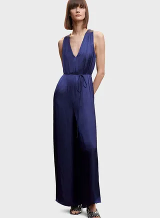 Wide Leg Belted V-Neck Jumpsuit 