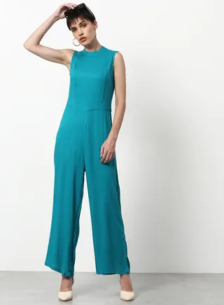 Plain Regular Fit Jumpsuit Blue 