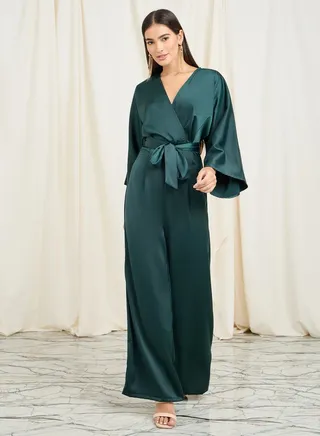Satin Wide Leg Self Tie Up Jumpsuit 