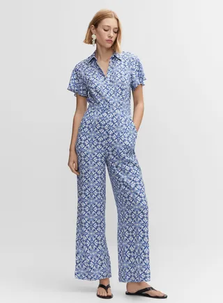 Button Detail Printed Jumpsuit 