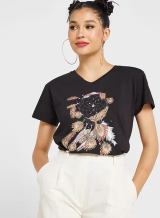 Urban Minx Feather Graphic Detail T-Shirt 