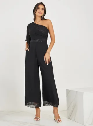 Wide Leg One Shoulder Sequined Jumpsuit 