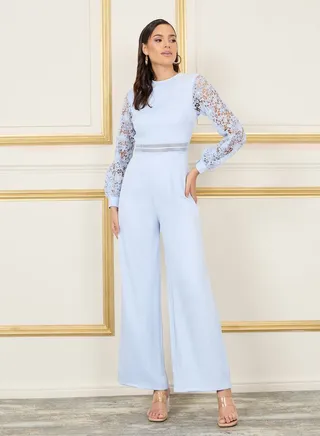 Lace Detail Sleeves Waist Textured Knit Jumpsuit 