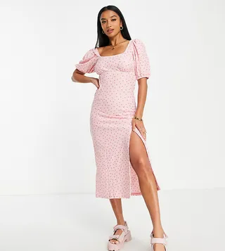 Miss Selfridge puff sleeve midi dress in pink spot