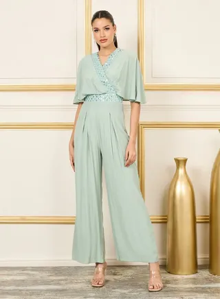 Embellished Cape Sleeves Wide Leg Jumpsuit