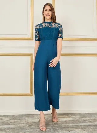 Lace Detail High Neck Wide Leg Jumpsuit 