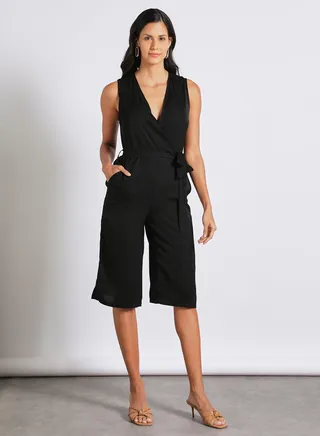 Women's Sleeveless Tailored Wrap Jumpsuit With Waist Tie And Back Zipper Black 