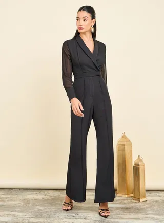 Chiffon Sleeves Pintuck Collared Wide Leg Tailored Jumpsuit 
