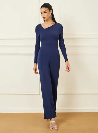 Textured Knit Asymmetric Neck Straight Leg Jumpsuit 
