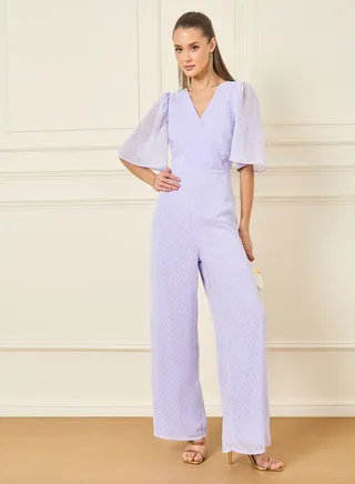 Dobby Front Wrap Wide Leg Jumpsuit 