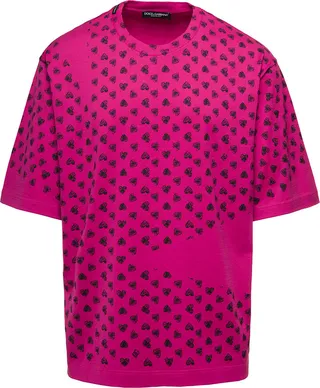 Fuchsia Oversized T-shirt With All-over Heart Print In Cotton Man