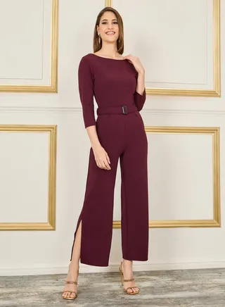Textured Belted V Back Detail Wide Leg Jumpsuit with Side Slit 