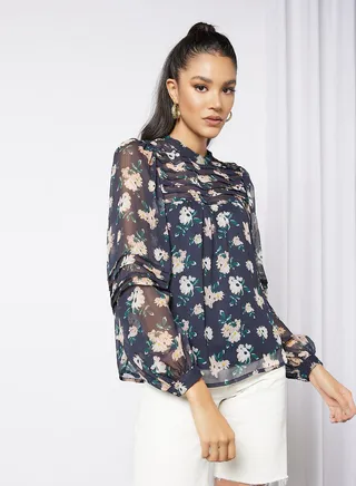 Floral Print Top Navy 