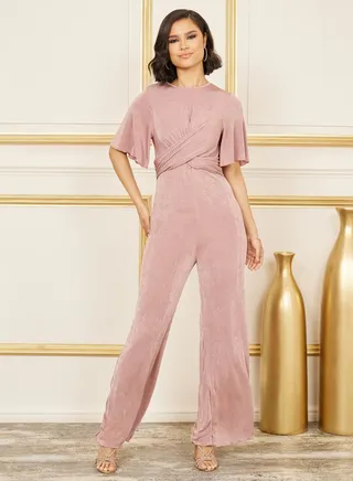 Textured Knit Front Cross Wide Leg Jumpsuit 