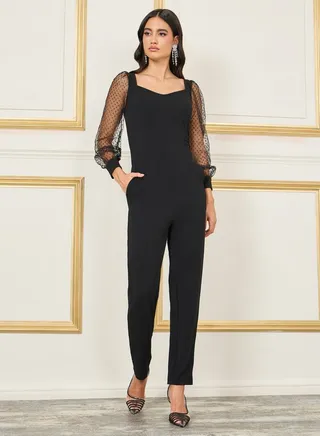 Mesh Long Sleeves Sweetheart Neck Slim Fit Jumpsuit 