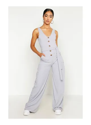 Horn Button Ribbed Tie Belt Pocket Jumpsuit 
