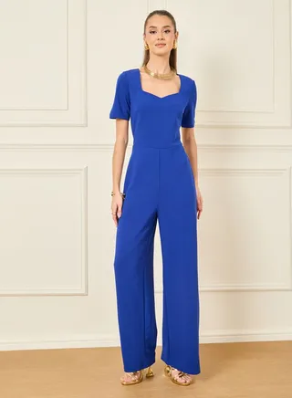 Textured Knit Sweetheart Neck Wide Leg Jumpsuit 