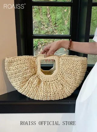 Simple Retro Semi-circle Rattan Straw Bag Hand-Woven Round Handle Handbags Summer Beach Bag Tote Straw Bag Purse Bohemian Hand-Woven Fashion round Handle Women 