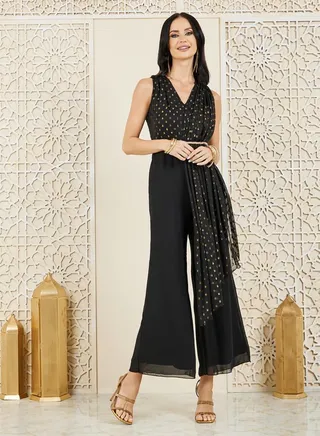 Dobby Pleated Overlay Wide Leg Jumpsuit 