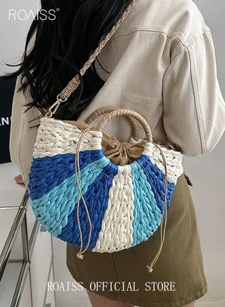 Simple Retro Semi Circle Rattan Straw Bag HandWoven Round Handle Handbags Summer Beach Bag Tote Straw Bag Purse Bohemian Hand Woven Fashion Round Handle Women 