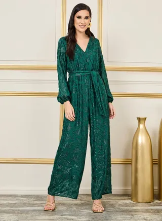 Burnout Lurex Texture Wide Leg Jumpsuit with Self Tie Up 