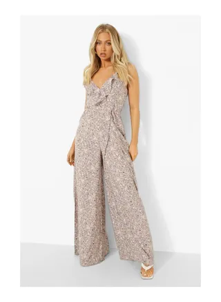 Floral Ruffle Wrap Wide Leg Jumpsuit 